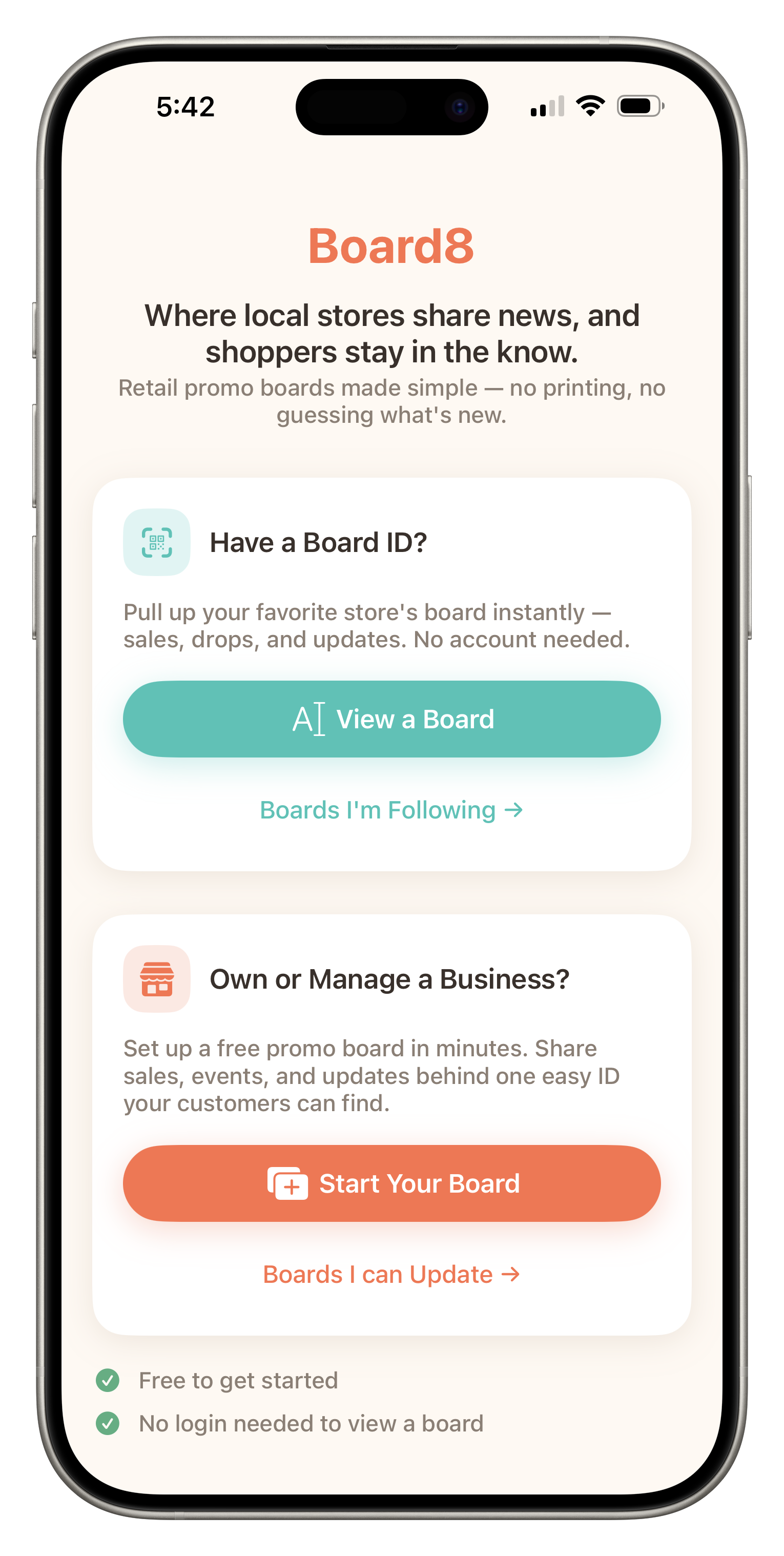 Board8 landing screen with options to view a board or start a business board
