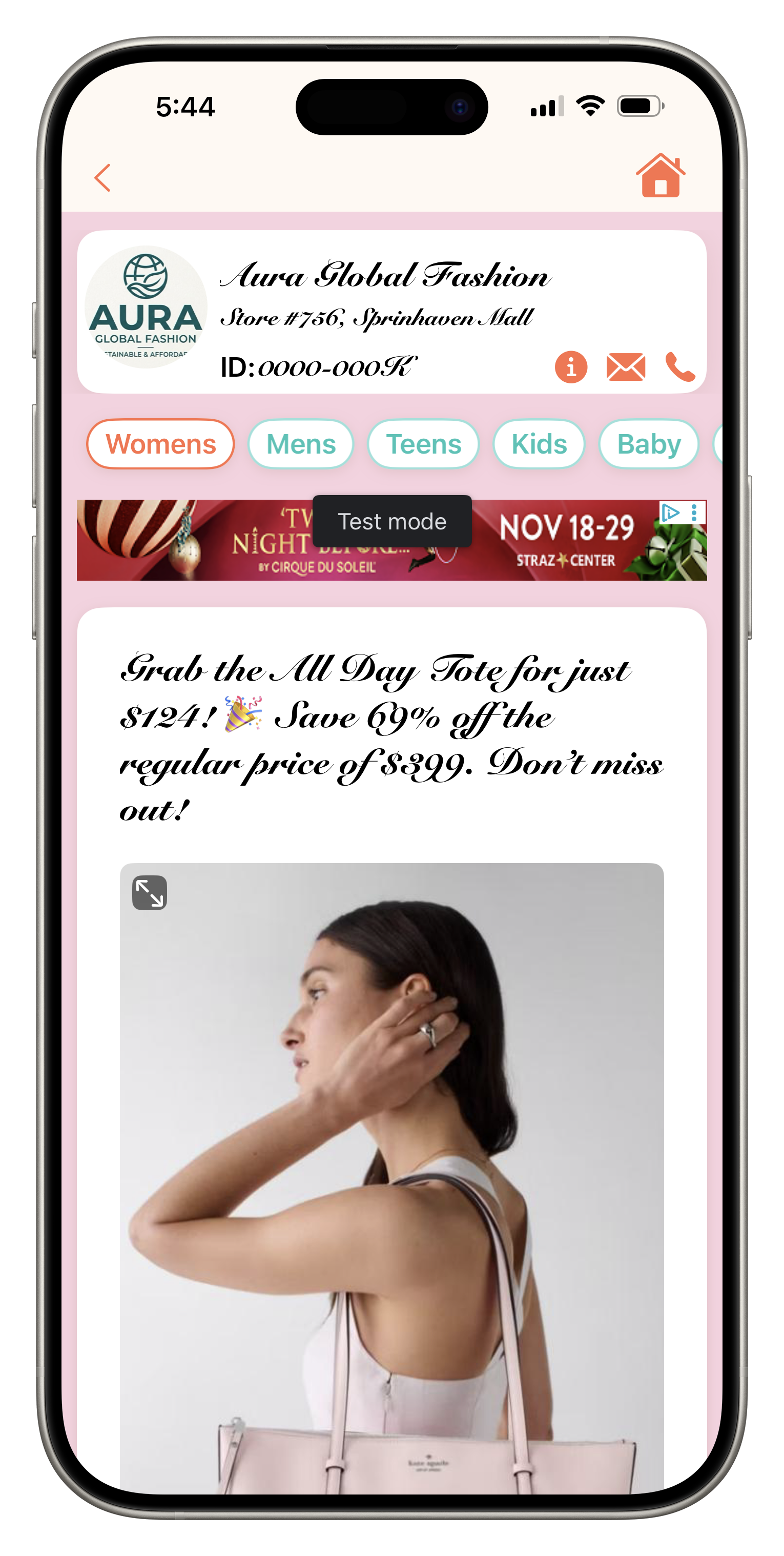 A live Board8 board for a fashion retailer, showing categories and a promotional post